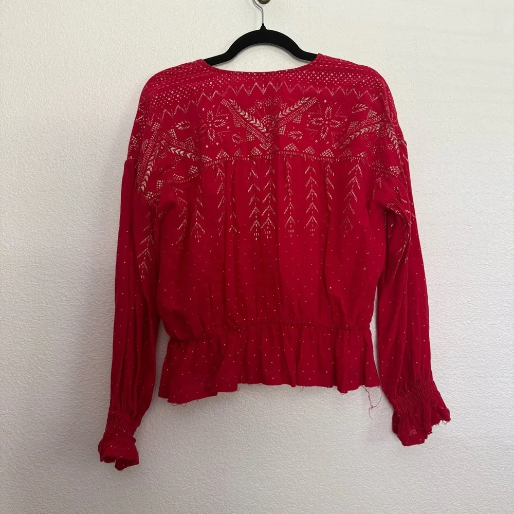 Free People Counting Stars Long Sleeve Boho Blouse in Red XS
